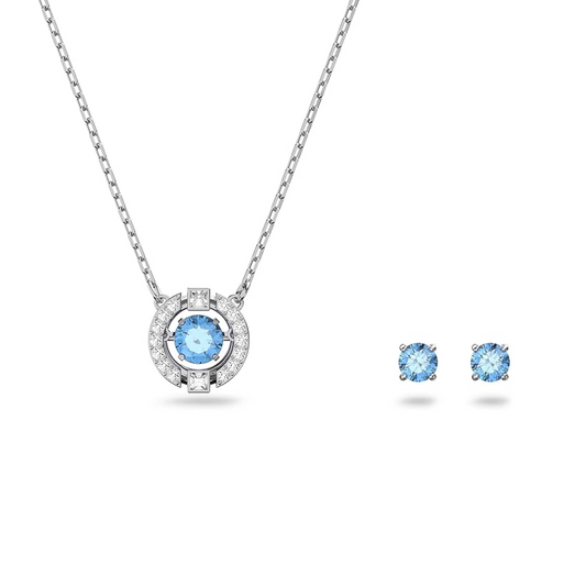 Una set Round cut, Blue, Rhodium plated