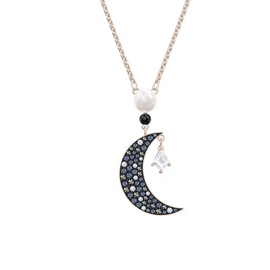 Symbolic Moon Pendant Necklace with Blue and Black Crystals